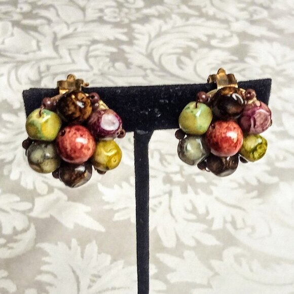 Vintage Multicolor Polished Bead Clip-On Earrings - Picture 2 of 5